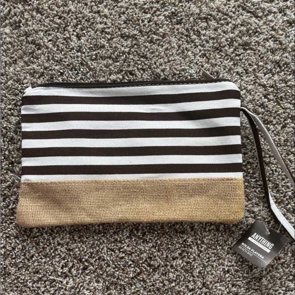 Striped Canvas Wristlet Clutch in Black and Cream